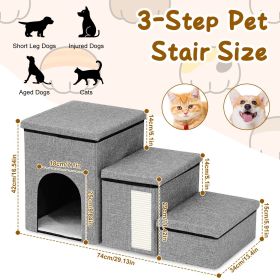 3 Step Pet Stair 4-IN-1 Foldable Dog Ramp Non-Slip Cat Storage Ladder with Scratcher Storage and Pet House for Old Pet Small/Medium Dog/Cat 165LB