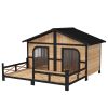 59"x64"x39" Large Wooden Dog House Raised Weatherproof Rustic Log Cabin Style Elevated Pet Shelter Porch Deck, Natural