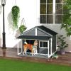 PawHut Outdoor Dog House Cabin Style for Medium/Large Dogs, Wooden Raised Pet Kennel with Asphalt Roof,Loading 53 lbs., Gray