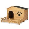 48" Wooden Dog House Outdoor with Porch, Dog Kennel with Water-Resistant Asphalt Roof and Fencing,Indoor & Outdoor Dog Crate with Paw Print, Medium
