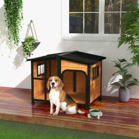 Cabin-Style Wooden Dog House for Large Dogs with Openable Roof & Giant Window, Yellow