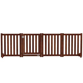 Foldable Dog Gate with Door, 4 Panels Fressstanding Pet Gate, Brown