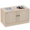 Elevated Dog Bowls with Storage Cabinet, 2 Stainless Steel Bowls, Slow Feeder, Dog Feeding Station for Large Dogs, Oak