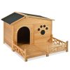 48" Wooden Dog House Outdoor with Porch, Dog Kennel with Water-Resistant Asphalt Roof and Fencing,Indoor & Outdoor Dog Crate with Paw Print, Medium