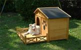 48" Wooden Dog House Outdoor with Porch, Dog Kennel with Water-Resistant Asphalt Roof and Fencing,Indoor & Outdoor Dog Crate with Paw Print, Medium