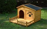 48" Wooden Dog House Outdoor with Porch, Dog Kennel with Water-Resistant Asphalt Roof and Fencing,Indoor & Outdoor Dog Crate with Paw Print, Medium