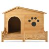 48" Wooden Dog House Outdoor with Porch, Dog Kennel with Water-Resistant Asphalt Roof and Fencing,Indoor & Outdoor Dog Crate with Paw Print, Medium