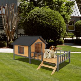 Unique All-Around Iron Frame,Outdoor Large Wooden Cabin House Style Wooden Dog Kennel with Porch (Color: Honey)